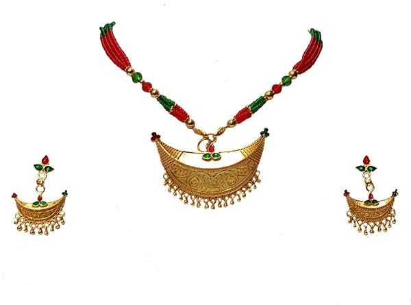 Assamese_Traditional_Gold_Plated_Red_Green_Colour_Joonbiri_Tassel_Jewellery_Set_For_Women